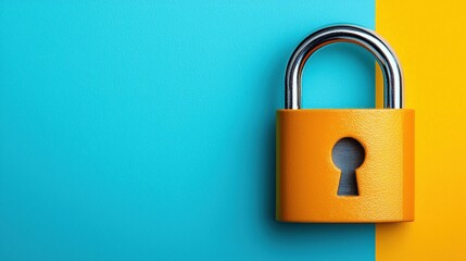 Top down, close up shot shows a yellow lock against a striking split background of teal and yellow. The lock's metallic shackle adds a cool contrast