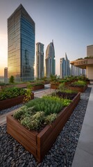 Obraz premium Urban Rooftop Garden Oasis with Modern Skyscrapers and Sunset Sky Backdrop Scene