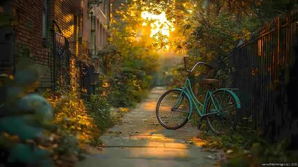 A vintage bicycle with a basket sits in a sunlit back alley covered in autumn leaves and overgrown vines, with buildings in the background