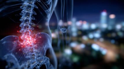 Close-up medical illustration of spinal column and pelvis connection, glowing red herniated disc, annotated diagram with vertebra labels, treatment and injury prevention concept