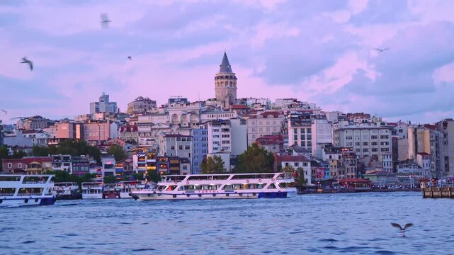 panorama of the bosphorus with view of galata tower and seagulls in istanbul