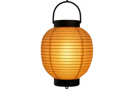 Round paper lantern emitting warm light on transparent background