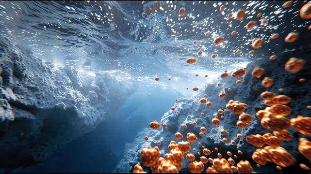 A deep blue ocean with orange bubbles floating in it. The bubbles are scattered throughout the water, creating a sense of movement and energy. The scene is both peaceful and dynamic