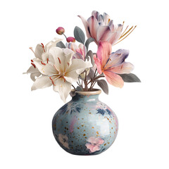 Lilies in a Decorative Vase, isolated on transparent background