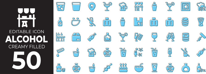 Alcohol and Cocktail set of web icons in line style. Drinks and celebration linear icons collection. Containing martini, vodka, whiskey, cocktail, beer, wine, cognac, brandy, lime, ice, party, bar.
