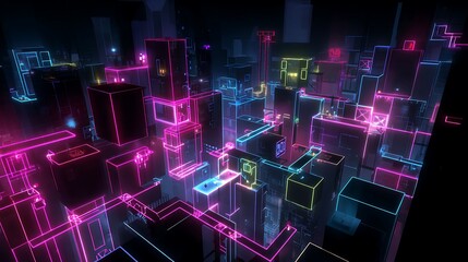 Futuristic cityscape composed of glowing cubes.