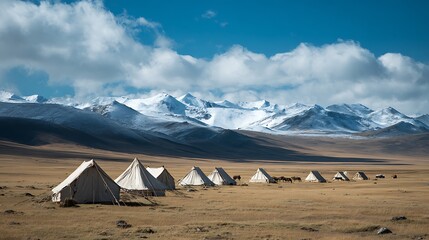 Camping beneath the Peaks: Capturing a serene expanse featuring a camp of tents nestled beneath majestic, snow-capped mountains, the scene bathed in a clear, azure sky with a touch of sunlight. 