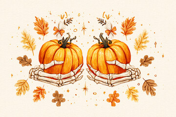 Symmetrical  Halloween illustration of two small orange pumpkins held skeleton hands. Pumpkins bow on top, surrounded by scattered autumn leaves: orange, yellow, brown. AI generated