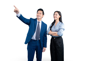 Business Asian people with confident and direction pointing in office, they are posing in business suit and smiling on PNG background