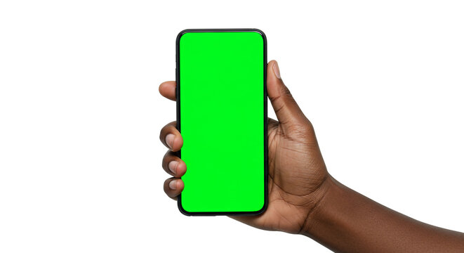 Confident hand holding modern smartphone with vibrant green screen, ready for your custom content
