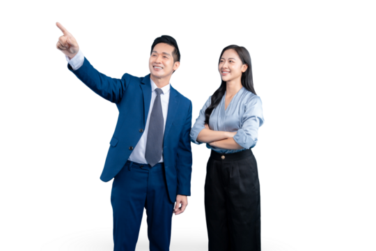 Business Asian people with confident and direction pointing in office, they are posing in business suit and smiling on PNG background