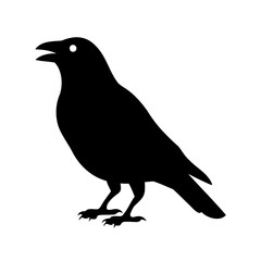 Stylized silhouette image of a crow with beak open, viewed from side