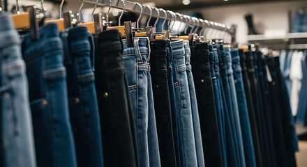 Fototapeta premium A Row of Blue Denim Jeans Hanging on a Clothing Rack