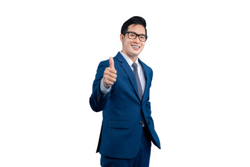 Obraz premium Asian businessman in a formal blue suit, giving a thumbs-up gesture on PNG background