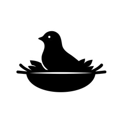 Black silhouette of a bird sitting in a nest, minimalistic vector