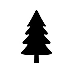 Simple graphic of a black Christmas tree on a white background