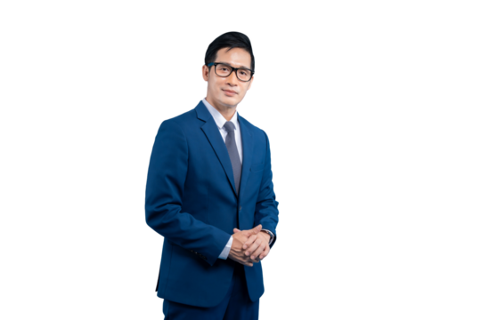 Asian businessman in a stylish suit.  The man has eyeglasses and is in a formal pose with hands clasped on PNG background