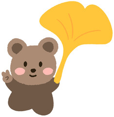 Adorable Teddy Bear Character Holding Ginkgo Leaf – Autumn Clipart Illustration