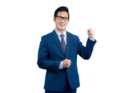 Smiling Asian businessman in a stylish suit, confidently gesturing. The man wearing glasses on transparent background - Powered by Adobe