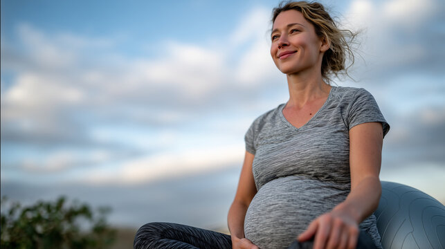 Pregnant woman outdoors in park on green fitball, meditating under soft cloudy sky, gentle breeze moving hair, connecting with nature and prenatal calm - Powered by Adobe