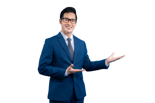 A Asian businessman in a blue suit making a presentation on a clear background