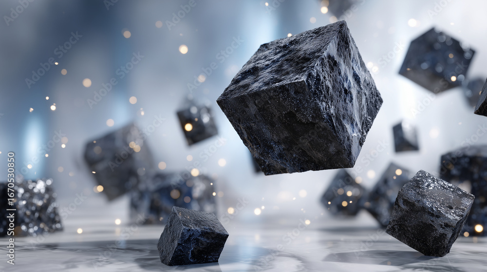 Aufkleber black textured square hovering mid-air, angular dark stones surrounding it in dynamic formation, dif