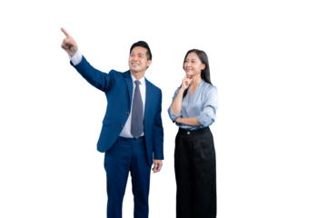 Two Asian business people looking and pointing towards an interesting view. The background has bright color on PNG background
