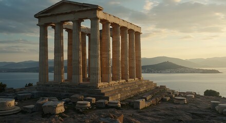 Obraz premium Ancient temple ruins stand majestically against a tranquil coastal backdrop scenery