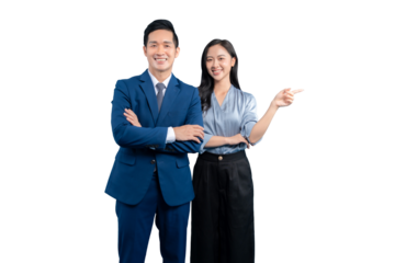 Asian business partners in formal attire posing and smiling at the camera.  The woman is pointing while the man is in a confident stance on PNG background