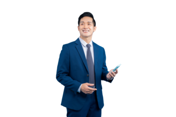 An Asian businessman in a blue suit holding a smartphone, looking upwards, with a smile on PNG background