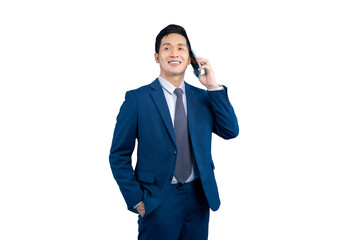 Asian business man happily talking on his phone on PNG background