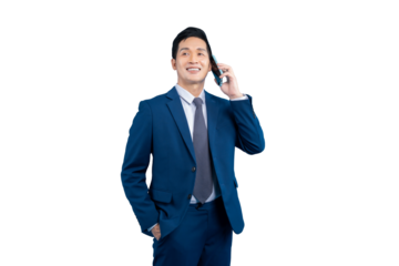 Asian business man happily talking on his phone on PNG background