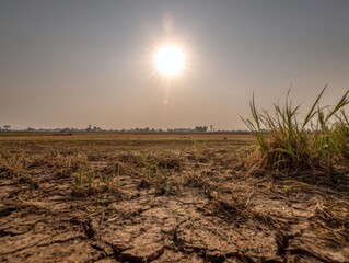 Sun-baked, cracked earth desolate landscape under a harsh sun.