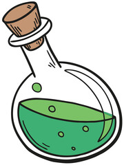 A glass bottle or flask, sealed with a cork stopper. The bottle contains a bright green liquid with several bubbles floating in it. The overall style is a simple, cartoon-like outline drawing.