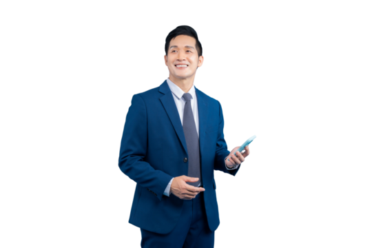 An Asian businessman in a blue suit holding a smartphone, looking upwards, with a smile on PNG background - Powered by Adobe