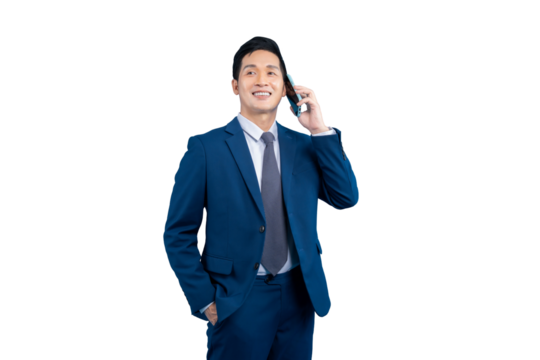 Asian business man happily talking on his phone on PNG background