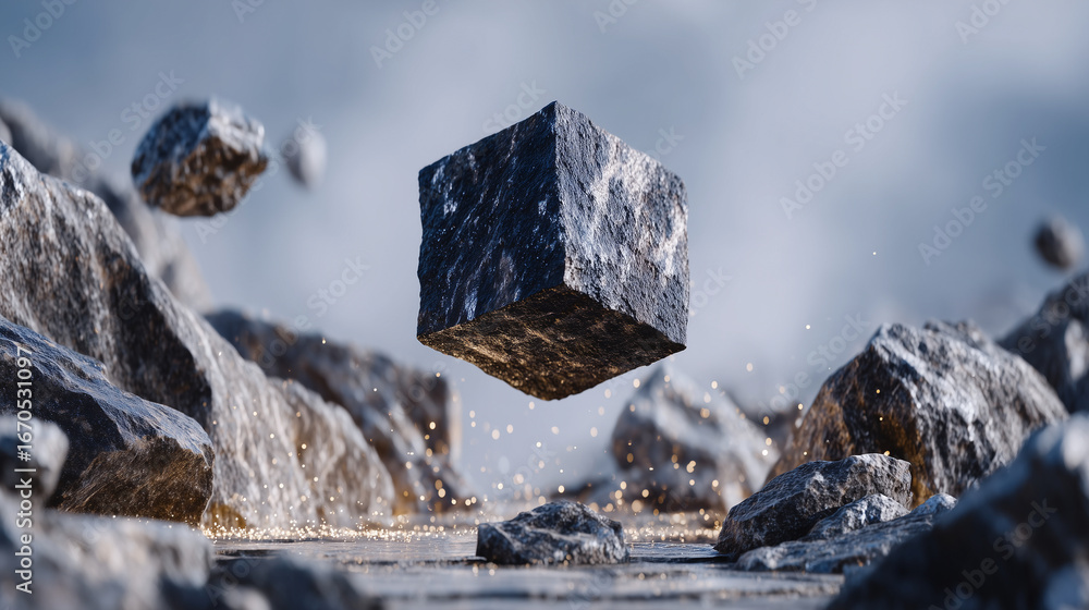 Aufkleber abstract composition: levitating black square with rough surface, floating volcanic rocks around it,