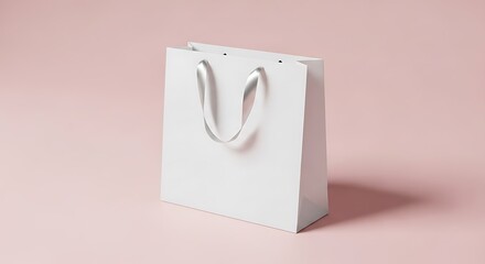 White paper gift bag with ribbon handles on a pink background