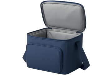 Open blue lunch bag with transparent background showcasing its thermal insulation