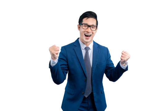 Asian business person celebrating with clenched fists on PNG background