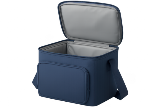 Open blue lunch bag with transparent background showcasing its thermal insulation