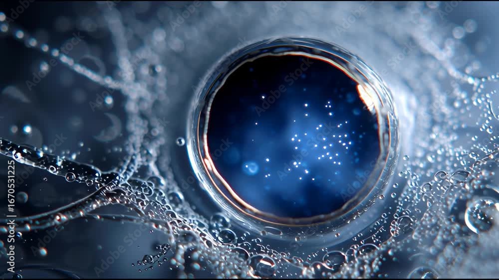Poster a close up of a blue bubble with a hole in the middle. the bubble is surrounded by water and he is f