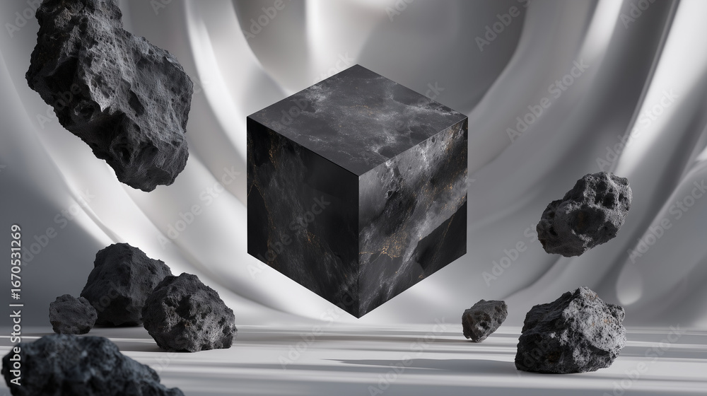 Aufkleber minimalist product-style setup: rough black cube, dark floating rocks arranged asymmetrically around