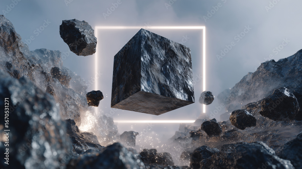Aufkleber textured black cube centered in minimalist frame, scattered dark rocks hovering around, light gray b