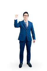 Full body asian businessman in a suit making a gesture, looks excited on PNG background
