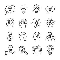 A collection of sixteen minimalist line art icons perfect for modern web and app design featuring clean outlines and versatile usage