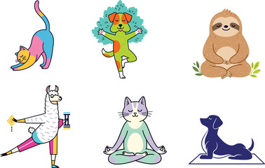 Cute yoga animals in meditation and exercise poses – dog, cat, sloth, llama doing yoga stretches and mindfulness vector set