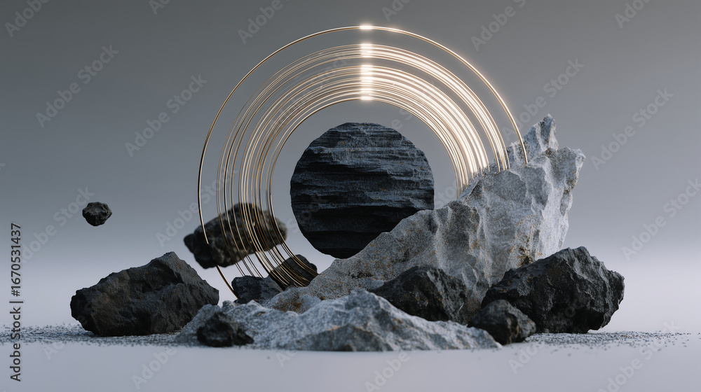 Poster black textured square with subtle surface patterns, floating dark rocks in orbit around center, ligh