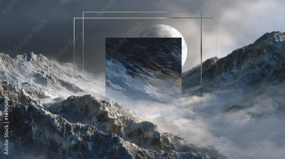 Aufkleber black textured square with subtle surface patterns, floating dark rocks in orbit around center, ligh