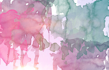 Abstract watercolor stain pattern background in pink and green tones